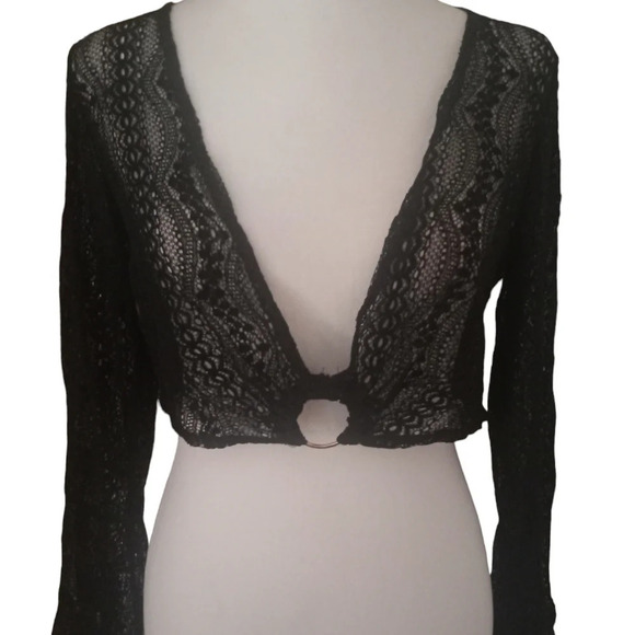 Nasty Gal Lace O Ring Black Flutter Bell Sleeves Top Size 8 - Picture 5 of 10